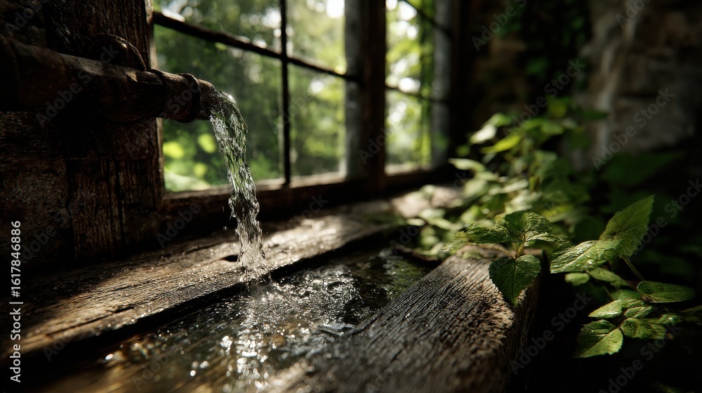 Obraz premium Pure water stream entering glass by rustic wood window 