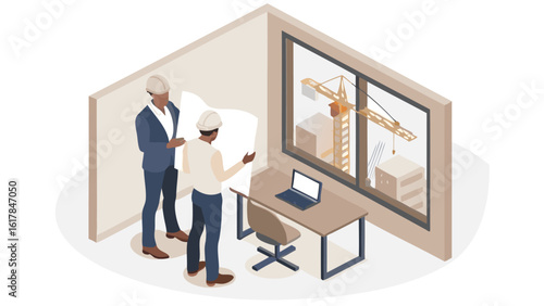 Two architects reviewing blueprints in an office with a crane visible through the window on a desk
