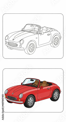 A comparison of a line drawing and a colored illustration of a classic red convertible car.