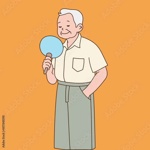 an old man fanning coolly. Minimal line illustration design.