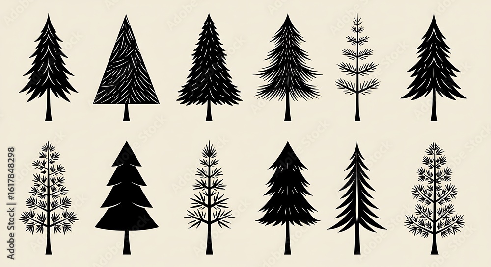 Obraz premium A festive set of green Christmas trees, perfect for winter holiday forest illustrations and seasonal decorations