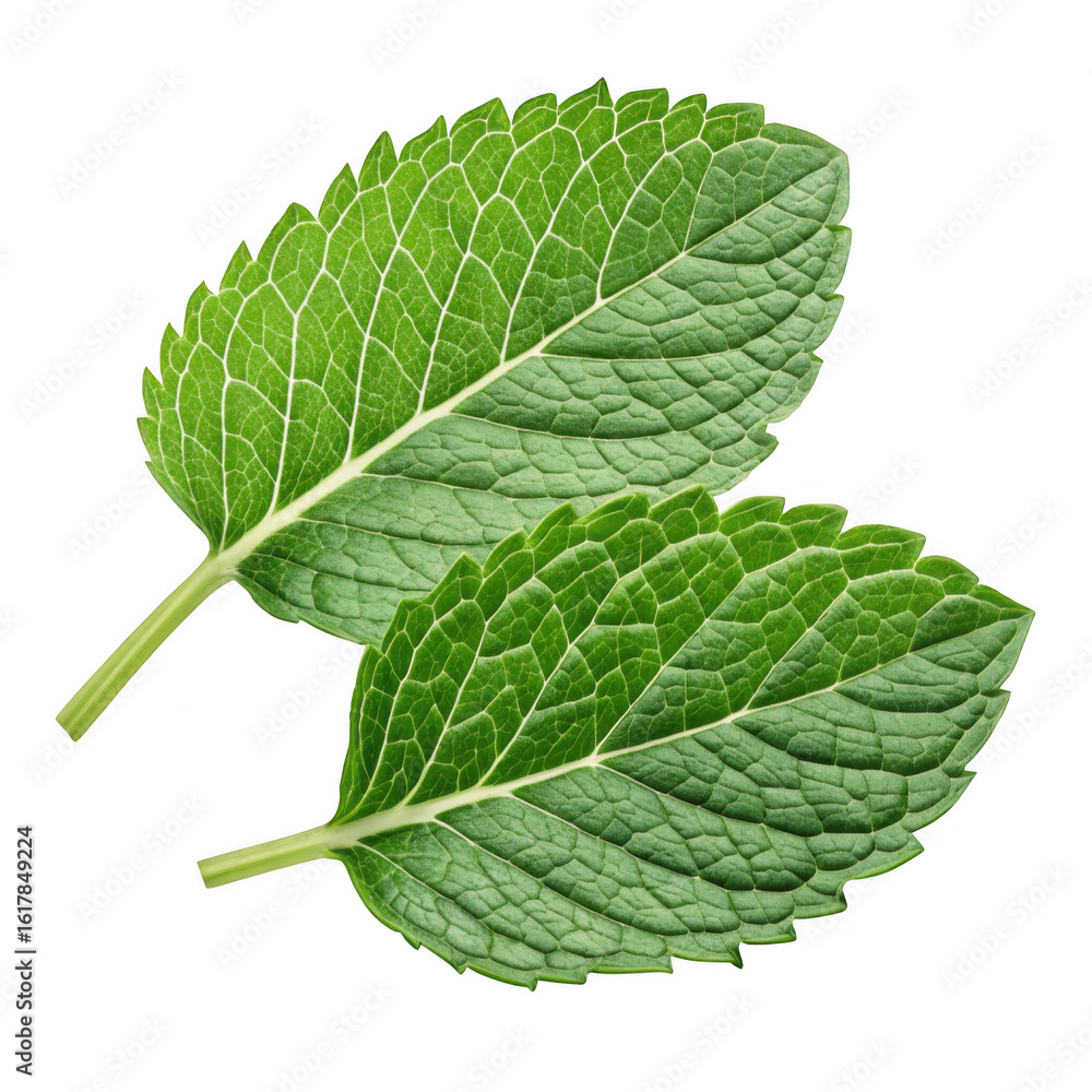 Fototapeta premium Two vibrant green mint leaves with visible veins and serrated edges presented isolated on transparent background