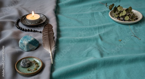 Candlelight with rose quartz and feather on soft pink