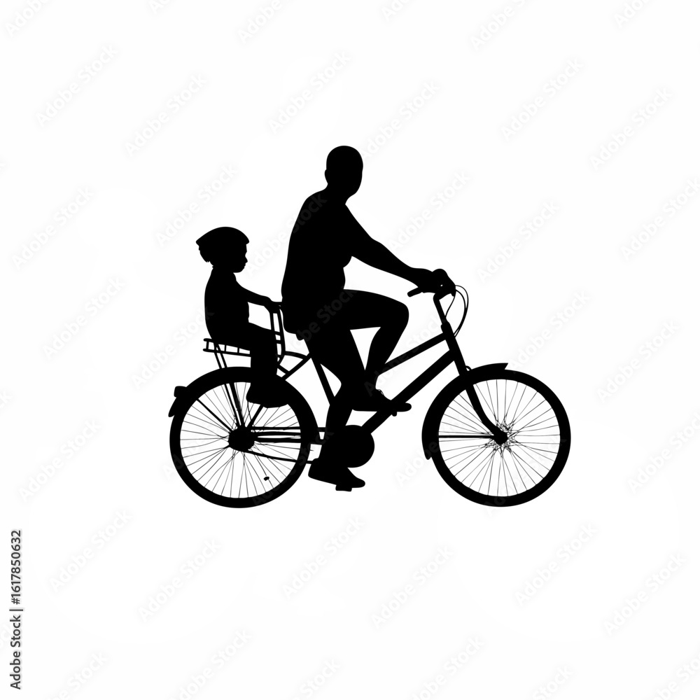 Obraz premium Silhouette of person riding bike with child in rear seat on white background