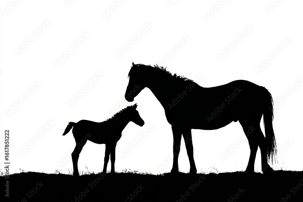 Fototapeta premium Foal Silhouette. Mare and Foal Silhouettes in White Isolated Background