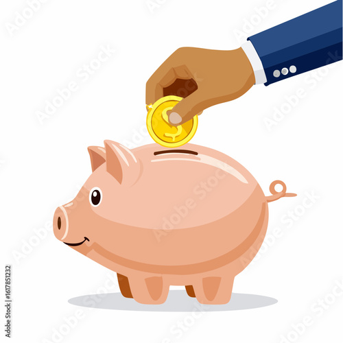 Full-color vector illustration of a piggy bank being filled by a child’s hand holding a shiny coin, educational saving concept