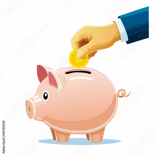 Full-color vector illustration of a piggy bank being filled by a child’s hand holding a shiny coin, educational saving concept