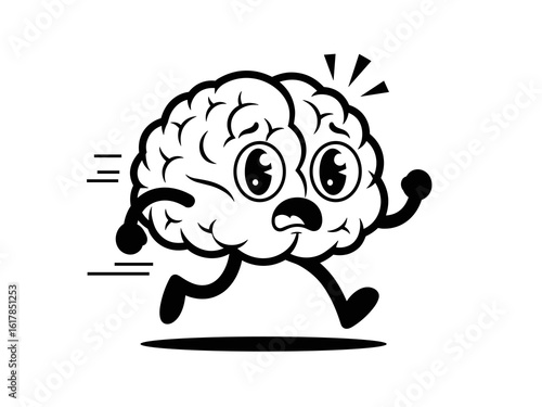 Anxious Brain Running Fast: Cartoon Brain Overwhelmed, Stressed and Panicked