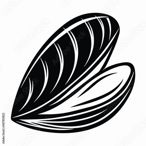 Black mussel shell silhouette with white interior lines bivalve mollusk