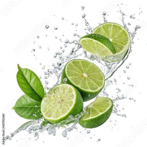 Freshly sliced green limes and leaves splashing through water droplets isolated on transparent background