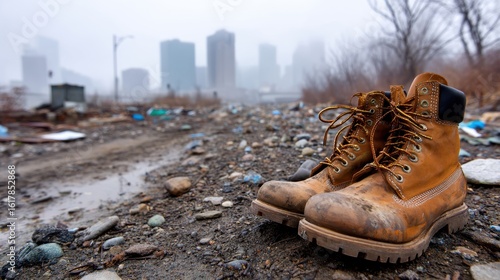 Worn-out boots sit on a muddy, debris-strewn path with a foggy city skyline in the background, conveying a sense of abandonment and rugged terrain.