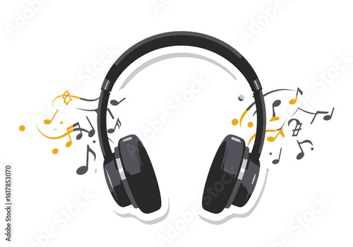 Stylish Black Headphones with Musical Notes Illustration for Audio Enjoyment