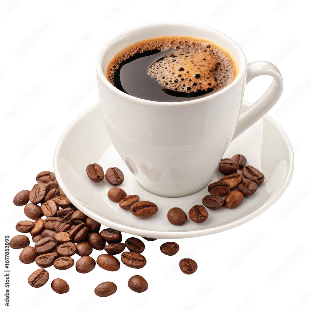 Obraz premium A steaming cup of hot black coffee with frothy foam and scattered roasted coffee beans on a white saucer isolated on transparent background