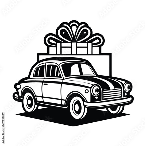Classic car enthusiast gift box design with vintage automobile illustration