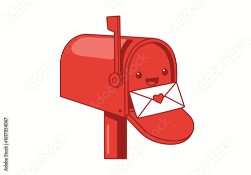 Cute Red Mailbox with Smiling Face and Love Letter