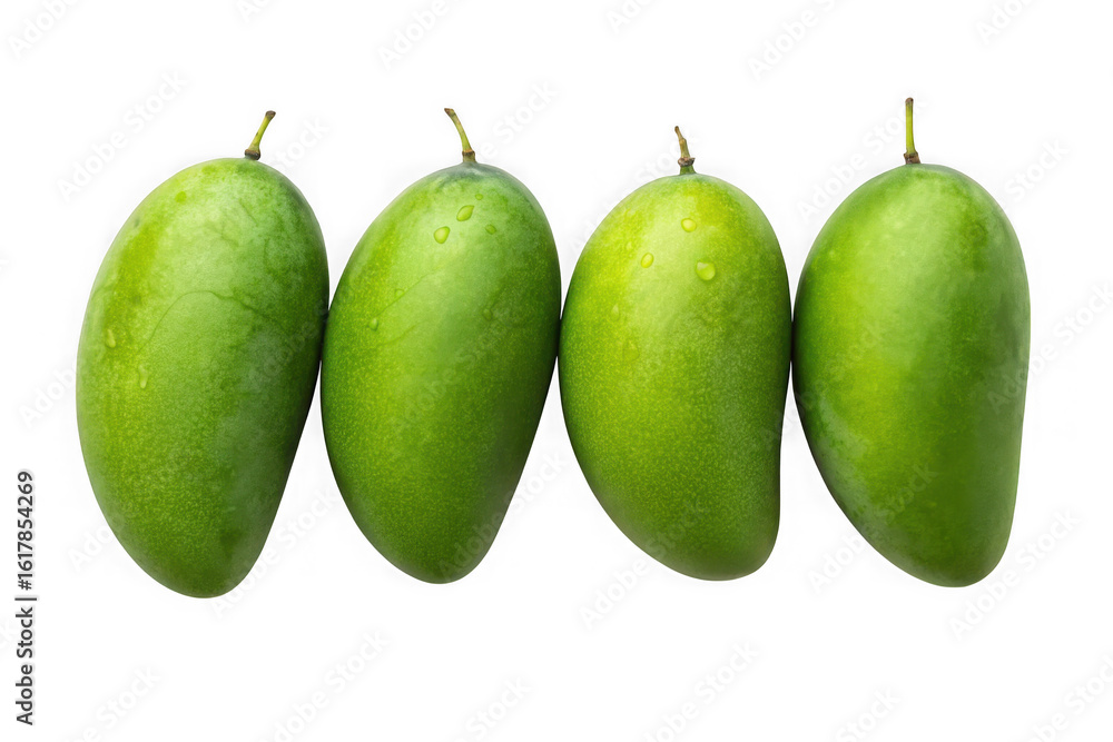 Obraz premium Four green mangoes in a row isolated on transparent background
