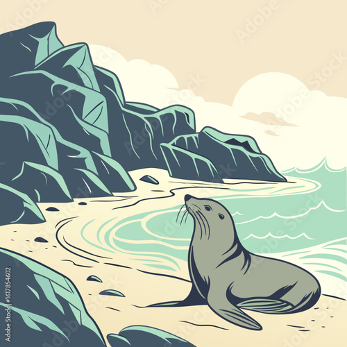 sea lion on the beach animal, horse, vector, illustration, nature, silhouette, wild, tree, camel, cartoon, art, farm, drawing, sky, wildlife, design, sunset, animals, stallion, pony, head, mammal, des