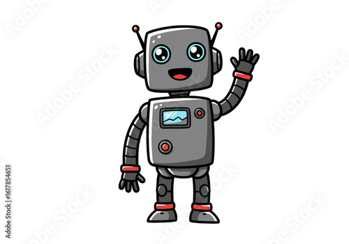 Cartoon Robot Waving with Antennae and Screen Displaying a Waveform