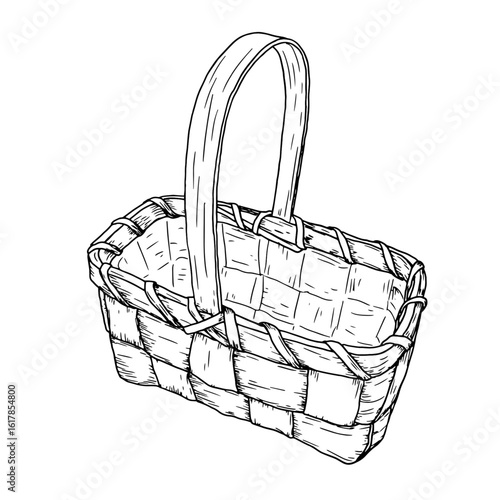 Wicker basket made of vines with a handle, black and white sketch. Vector illustration. The classic basket for picking mushrooms and autumn harvest is isolated on white background. For books, postcard