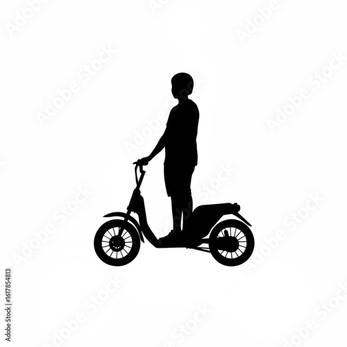 Silhouette of person standing still on scooter with one foot on ground on white background