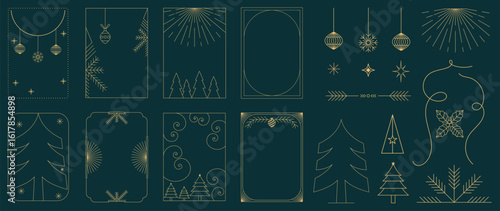 Christmas and Happy New Year frame design vector element set. Christmas tree, holly, balls, snowflake pattern. Luxury element for invitation, banner, poster, cover, print, season holiday.