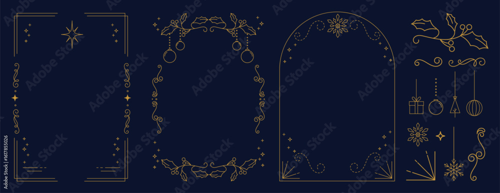 Christmas and Happy New Year frame design vector element set. Christmas bauble, holly leaves branch, gift, snowflake. Luxury element for invitation, banner, poster, cover, print, season holiday.