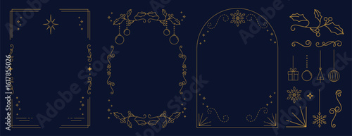 Christmas and Happy New Year frame design vector element set. Christmas bauble, holly leaves branch, gift, snowflake. Luxury element for invitation, banner, poster, cover, print, season holiday.