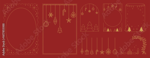 Christmas and Happy New Year frame design vector element set. Christmas tree, ball, candy cane, candle, holly, snowflake. Luxury element for invitation, banner, poster, cover, print, season holiday.