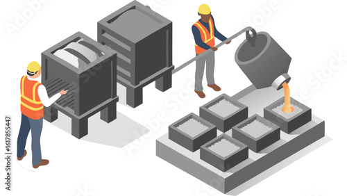 Workers pouring molten metal into molds in a foundry setting with safety gear at the factory floor