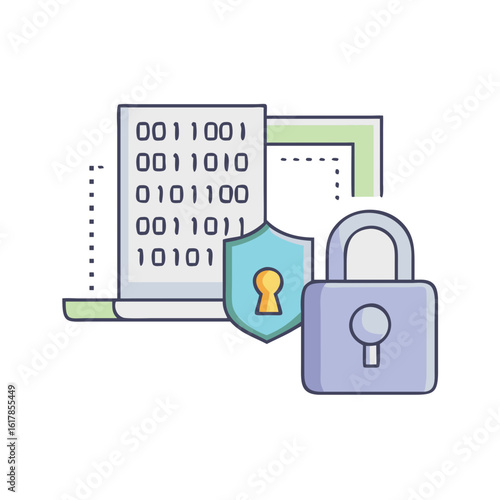 Data security illustration with binary code, shield, and padlock for protection