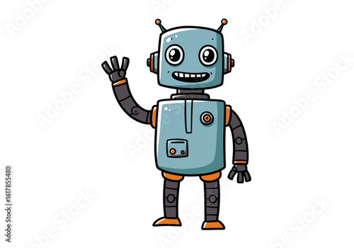 Cartoon Robot Waving Hand with Antennae and Smiling Face