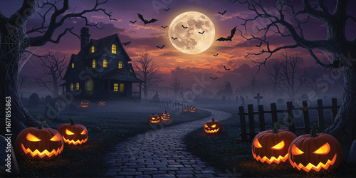 Spooky Halloween Scene with Haunted House and Jack-o'-lanterns