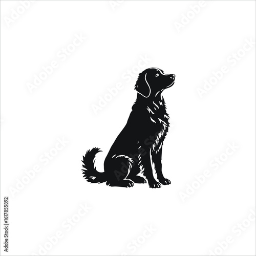 Dog icon, black vector silhouette of a sitting fluffy breed with bushy tail and floppy ears, facing right in calm, attentive pose—minimal design emphasizing natural charm, balance, and texture