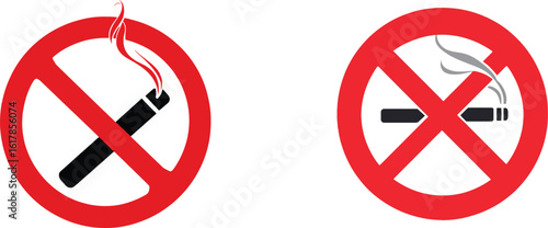 No smoking icon, dual red and black vector signs featuring cigarettes crossed out by red circles and diagonal lines—left variant with red smoke, right with gray smoke, both reinforcing public space