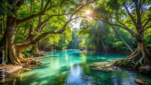 Sunlight streams through lush green trees onto a clear turquoise river