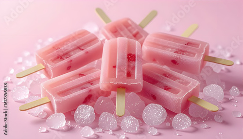 Pink Raspberry Ice Popsicles on Ice, Summer Refreshment, Sweet Treat, Pastel Background
