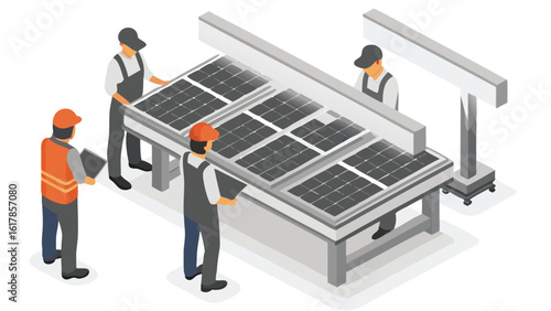 Isometric view of workers installing solar panels on a table with overhead lighting structure