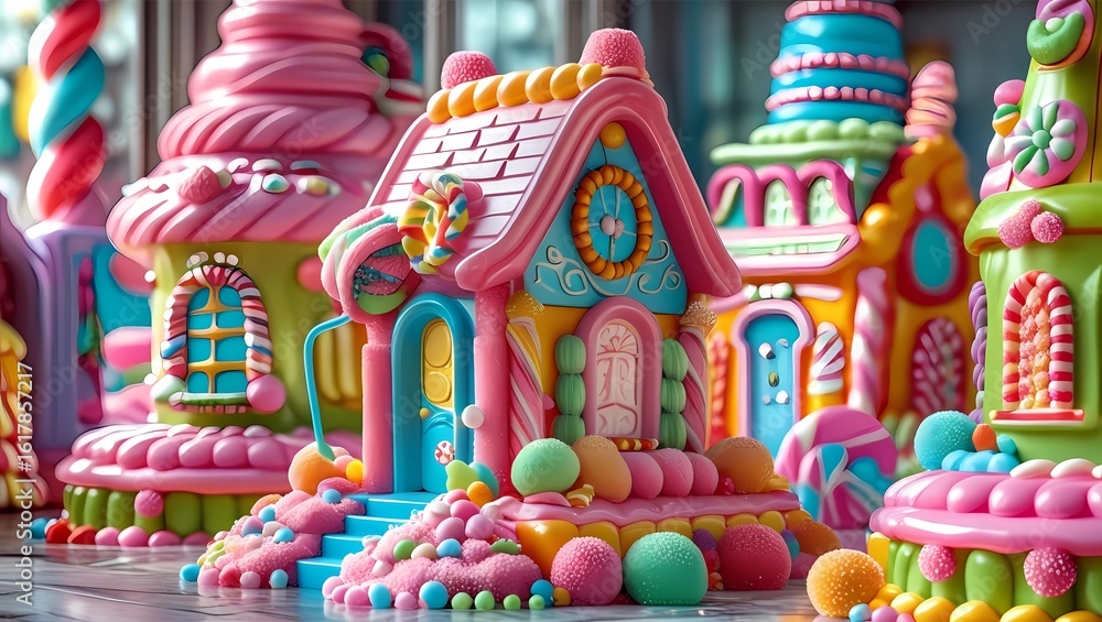Fototapeta premium Photorealistic gingerbread house decorated with colorful candies and icing, glowing warmly from the inside, sitting on snow in a magical winter setting, 8K resolution, shallow depth of field, cinemati