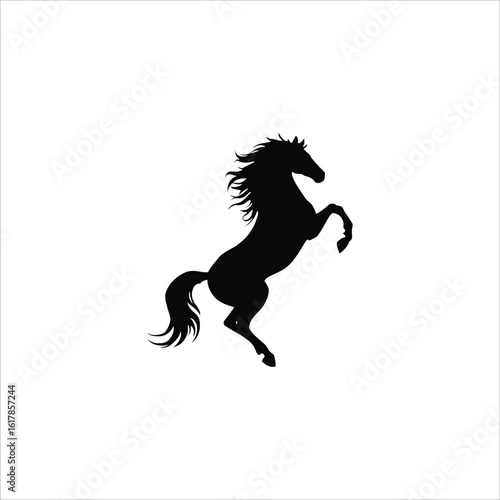 Horse icon, dynamic black silhouette vector of a rearing stallion with flowing mane and tail, evoking strength, motion, and wild elegance in a minimal pose