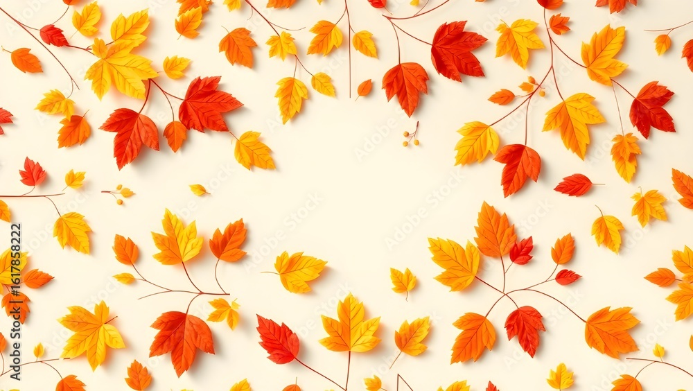 Obraz premium Vibrant Autumn Leaves Background with Red and Orange Foliage on White, Perfect for Seasonal Designs and Thanksgiving