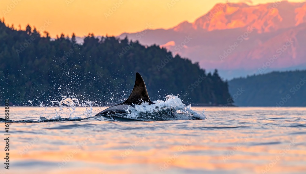 Fototapeta premium Orca tail fin at sunset over mountains