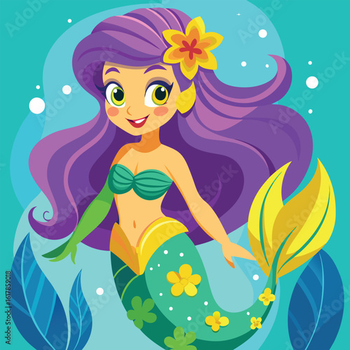 Beautiful woman with blonde hair and glamorous eyes, a cartoon mermaid illustration featuring a fairy-like lady with flowers, embodying the art and style of summer nature