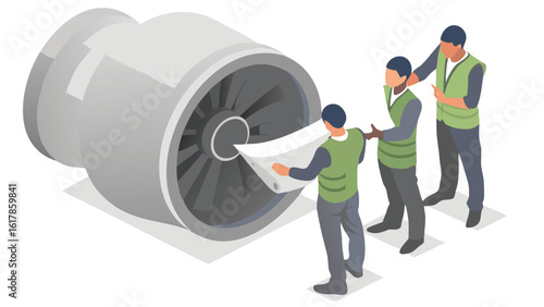 Team of engineers inspecting a large jet engine with a document in hand for maintenance and repair work