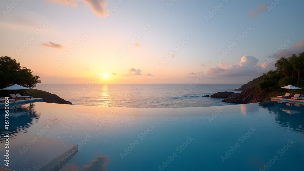 Naklejka premium Infinity Pool Overlooking Sunset Ocean Horizon