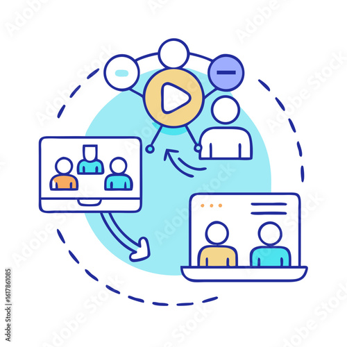 Online communication and collaboration featuring video conferences and shared platforms illustration
