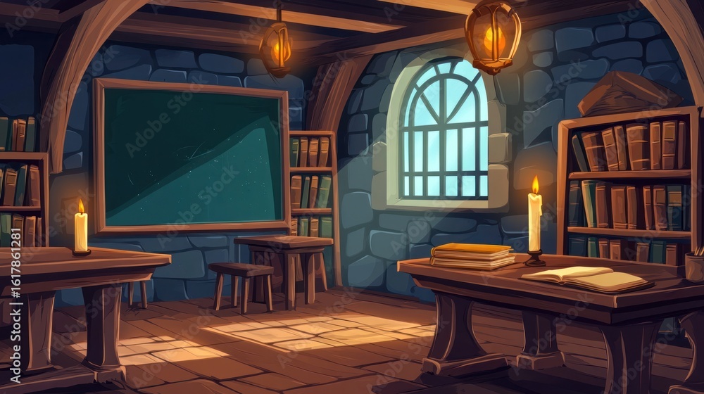 Naklejka premium Medieval classroom with stone walls, bookshelves, chalkboard, tables, and candles.