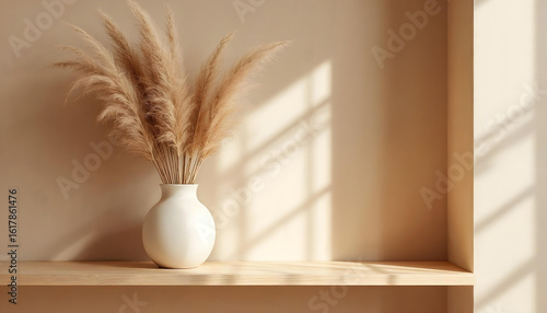 A high-resolution, ultra-realistic photo of a modern ceramic vase with dry pampas grass, placed on a wooden shelf against a warm beige wall. Soft natural light from the side creates gentle shadows and