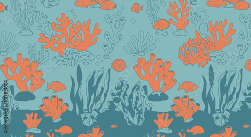 Colorful Underwater Scene with Coral Reefs and Fish Illustration.