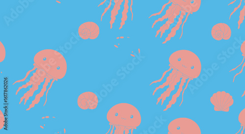 Seamless Pattern of Jellyfish and Seashells in Coral on Blue Background.