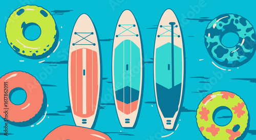 Colorful Paddleboards and Inner Tubes Floating on Water Surface Illustration.